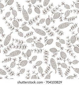 Christmas botanical seamless pattern with Fir cones. Thin line vector design. Xmas background. 