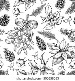 Christmas Botanical Seamless Pattern. Hand Drawn Vector Background. Xmas Plants. Holiday Engraved Decorations. Holly, Mistletoe, Poinsettia, Fir Tree, Pine Cone, Cotton,berry. Holiday Decor, Wallpaper