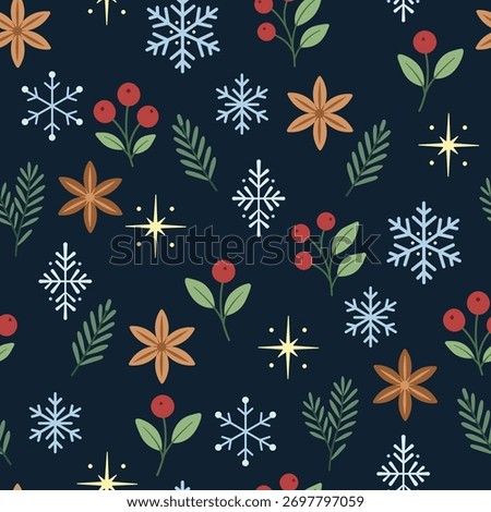 Christmas botanical seamless pattern with hand drawn winter plants. Vector background with snowflakes, berries and anise for holiday gift wrapping and fabric on dark background.