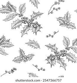 Navidades botánicas sin patrón de rama de acebo, bayas. Fondo de Antiguas Festiva Negro blanco. Ilustración dibujada a mano para el embalaje de diseño textil de Fondo de pantalla de tela de papel de felicitación decoración de año nuevo