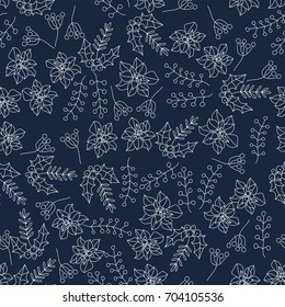 Christmas botanical seamless pattern with holly berries. Thin line vector design. Xmas background. 