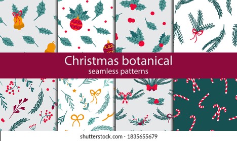 Christmas botanical seamless pattern set. Holiday hand drawn leaves and red berries, fir tree branches, winter traditional xmas background, decor textile fabric wrapping paper wallpaper vector texture