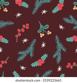 Christmas botanical seamless pattern. Winter plants on blue background. Wallpaper with pine branches, mistletoe, and holly berry. Holiday decoration elements on dark red background.