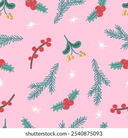 Patrón sin fisuras botánico de Navidades. Plantas de invierno sobre fondo azul. Fondo de pantalla con ramas de pino, muérdago y acebo. Elementos de decoración de Festiva sobre fondo rosa.