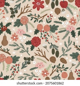 Christmas botanical seamless vector beautiful pattern
