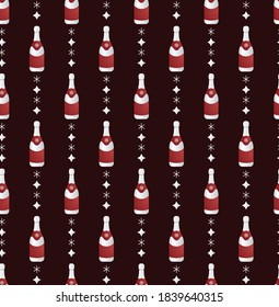 Botella navideña de patrón de champán. Ilustración vectorial de navidad roja plateada