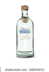 Christmas bottle of vodka. Gift alcohol. Sketch on a white background.
