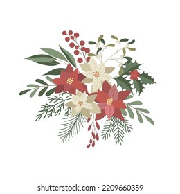 Christmas Bouquet and Arrangement with Poinsettia. Vector Illustration.