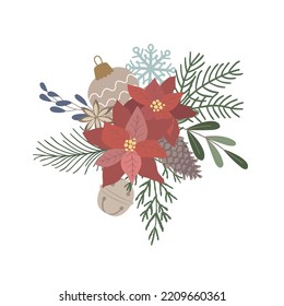 Christmas Bouquet and Arrangement with Poinsettia. Vector Illustration.