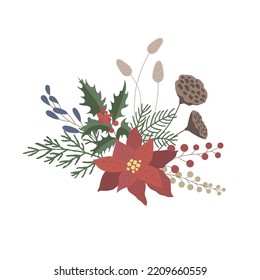 Christmas Bouquet and Arrangement with Poinsettia. Vector Illustration.