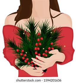 Christmas bouquet of branches in the hands. Gift with berries. Vector art