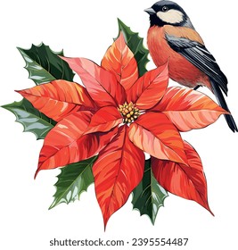 Christmas bouquet. Bullfinch bird, Poinsettia flower. Festive red flower. Cone, holly leaves. New Year's bouquet for decoration