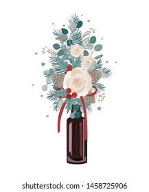 Christmas bouquet decoration isolated on white background. Christmas tree, roses, pine cones, and eucalyptus branches. Vector Illustration, winter decor