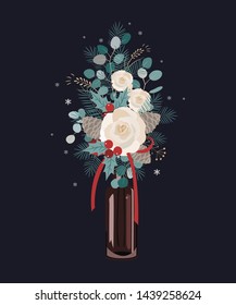 Christmas bouquet decoration on dark background. Christmas tree, roses, pine cones, and eucalyptus branches. Vector Illustration, winter decor