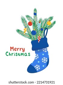 Christmas bouquet with fir tree branches with ornaments in sock. Blue stocking. Merry Christmas card. Flat, cartoon. Isolated vector illustration eps 10