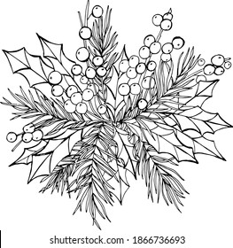 Christmas bouquet with fir twigs, berries and leaves. Anti-stress coloring book for adults, suitable for postcards.