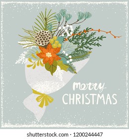 Christmas bouquet with flower Poinsettia, dried Lotus, bow, berries, leaves and branches. Vector illustration in flat trendy style. Holiday vintage template for your design.