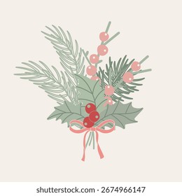 Christmas bouquet, hand drawn vector illustration. Holly, berries, fir and pine branches with ribbon bow. Muted pastel color palette. Ideal for greeting cards, invitations, stickers, prints, web desig