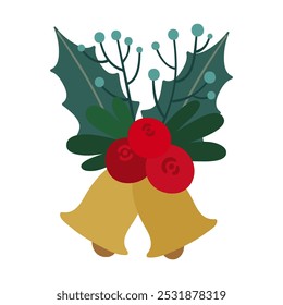 Weihnachtsstrauss mit heiligem Blatt, Beeren und goldenen Glocken. Ferienwohnung, Vektorgrafik.