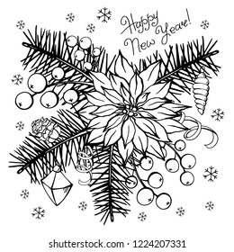 Christmas bouquet Poinsettia with fir branches, on a white background in black and white vector graphics. With the words Happy New Year!
