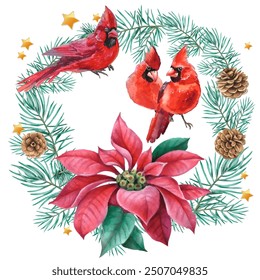 Christmas bouquet with poinsettia, fir branches, holly and berries. Watercolor illustration AI Generative