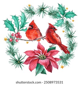 Christmas bouquet with poinsettia, fir branches, holly and berries. Watercolor illustration AI Generative