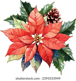 Christmas bouquet. Poinsettia flower. Festive red flower. Cone, holly leaves. New Year's bouquet for decoration