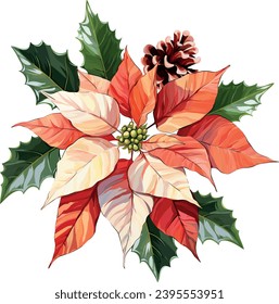 Christmas bouquet. Poinsettia flower. Festive red flower. Cone, holly leaves. New Year's bouquet for decoration