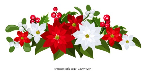 Christmas bouquet with red and white poinsettias, holly and mistletoe. Vector illustration.	