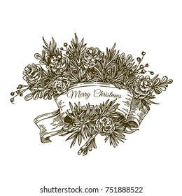 Christmas bouquet with ribbon. Sketch. Engraving style. Vector illustration.