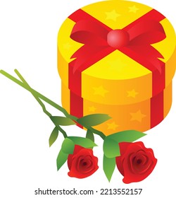 christmas Bouquet of roses with gift box. Valentin's Day vector illustration.
