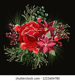 Christmas bouquet. Roza in the snow. Poinsettia in the snow. Berries and leaves. All elements are isolated. Vector illustration.