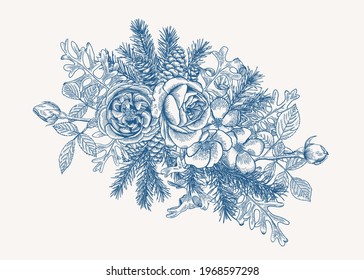 Christmas Bouquet with spruce, dusty miller and white roses. Vector botanical illustration. Design elements. Oval blue and white composition.
