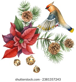 The Christmas bouquet is a symbol of Christmas. Can be used as a card, cover background or web message. Vector illustration in watercolor style.
