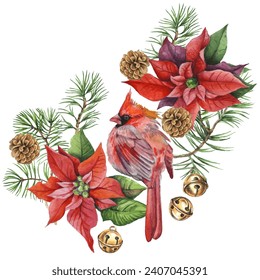 The Christmas bouquet is a symbol of Christmas. Can be used as a card, cover background or web message. Vector illustration in watercolor style.
