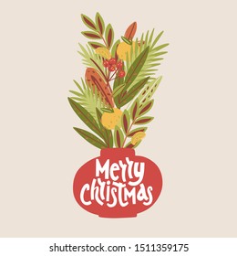 Christmas bouquet in a vase with berries and leaves. Christmas and New Year. Holiday decor. Hand-drawn illustration.