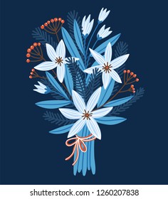 Christmas bouquet. Winter hand drawn decorative flowers. Vector design element isolated on the blue background.