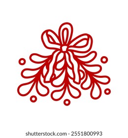 Christmas bouquet wreath of mistletoe with coquette pretty bow, ribbons. Hand drawn holiday decor. Winter vintage clip art for greeting cards, invitations, social media