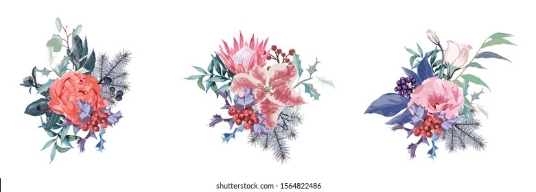 Christmas bouquets arranged from beige and marbled poinsettia, fir branch, eucalyptus selection, mix of plants and berries. Happy holiday greenery. Watercolor style set. All elements are isolated