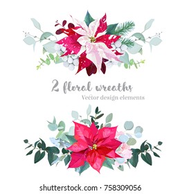 Christmas bouquets arranged from red and marbled poinsettia, fir branch,agonis, eucalyptus selection, mix of plants and berries. Happy holiday greenery. Watercolor style set. All elements are isolated
