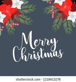 Christmas bouquets arranged from red and white poinsettia, fir branch, emerald eucalyptus selection, mix of plants and berries. Happy holiday greenery. Watercolor style set.