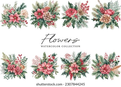 Christmas bouquets with beautiful flower and leaves on white background
