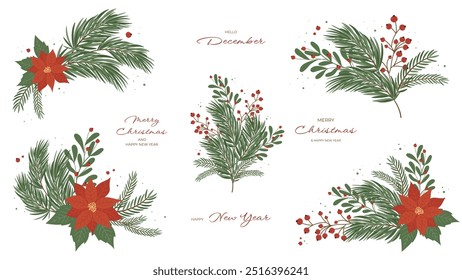 Christmas Bouquets with Pine, Spruce, Poinsettia branches and Christmas Greeting Phrases. Vector Illustrations in Flat Style for Greeting Cards, Banners, Flyers