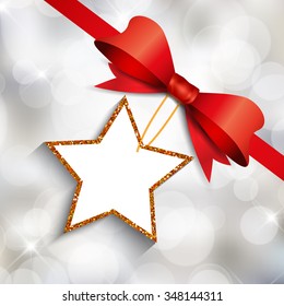 Fondo del arco de Navidad con etiqueta en forma de estrella brillante