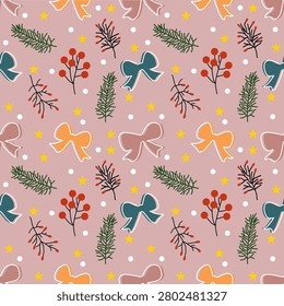 Christmas bow berry star and pine seamless pattern with joyful mood