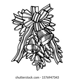Christmas bow with branches of Christmas trees. Hand drawn illustration. New year and Christmas design elements. Greeting card invitation with xmas graphic. Vintage illustration.