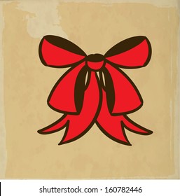 Christmas Bow. Cute Hand Drawn Vector illustration, Dirty Paper Texture Background