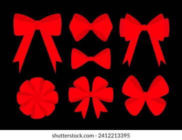 Christmas bow icon set. Big red ribbon bows. Decoration element for giftbox present. Merry Christmas, New Year sign symbol. Black background. Isolated. Flat design. Vector illustration