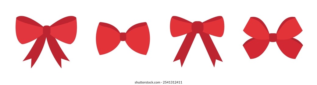 Weihnachtsbogen Symbol Set Linie. Rote Schleifen. Dekorelement für Geschenkbox vorhanden, Taschen. Fröhliche Weihnachten, Silvester Zeichen Symbol. Weißer Hintergrund. Einzeln. Flaches Design. Vektorgrafik