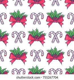 Christmas Bow Knot with Berry and Candy Cane Seamless Pattern. Vector illustration
